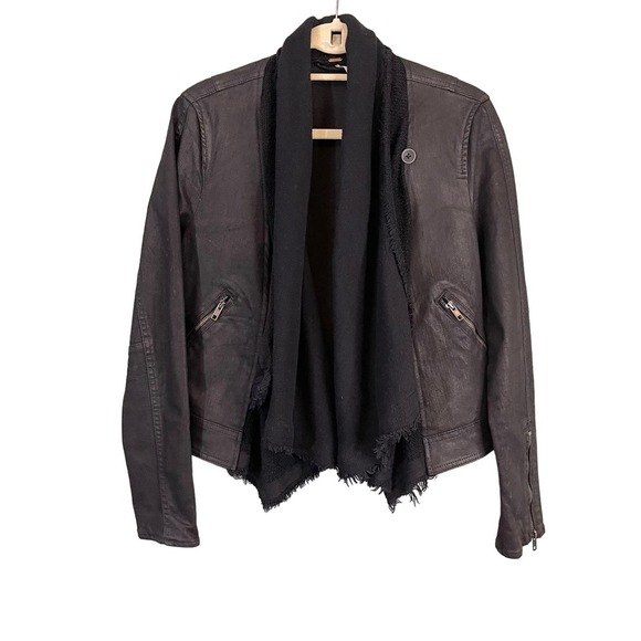 Free People Women's Black Raw Scarf Drape Front Biker Moto Denim Jacket Size 6 - Picture 1 of 10